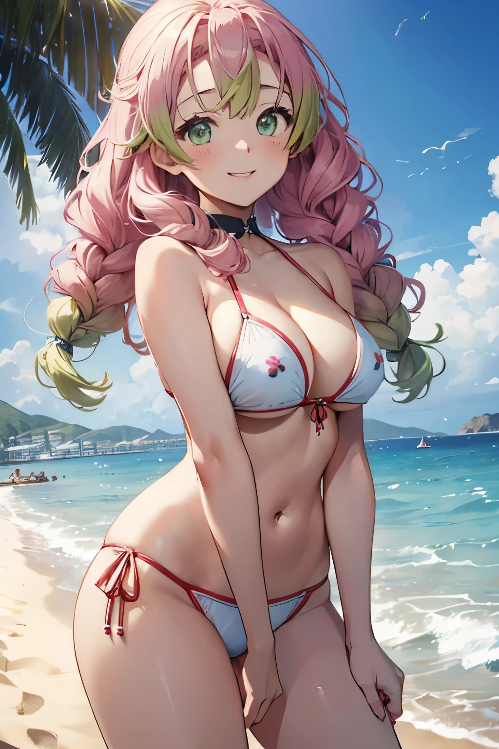 (8K、masterpiece、Highly detailed background、high resolution)、(Mitsuri Kanroji)、Cleavage、(beach、White Bikini、Swim ring、Gravure pose、Embarrassed smile、Nipple protrusion)