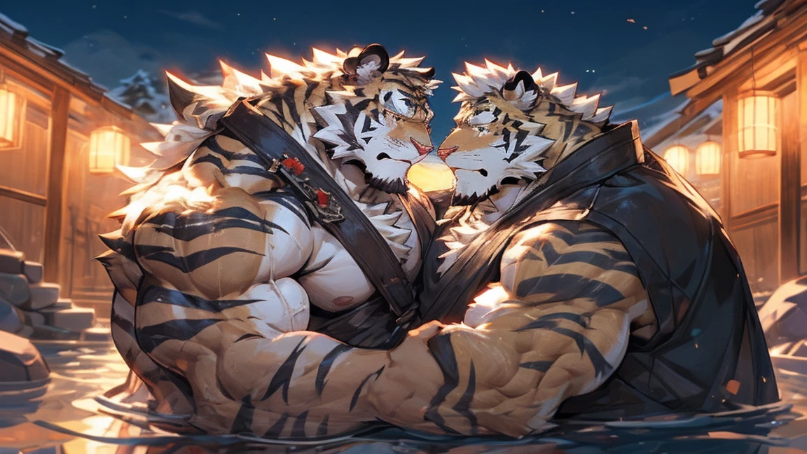 hot spring,furry,two people,(tiger:1.9),long hair,long beard,majesty,Mature,elderly aged,Mature,knight,paladin,numerous wounds,Crotch bulge,Lots of scars,Tall,Bodybuilding,Muscle bulge,sweat,Naked upper body,respite,sexy,(by rabbity),hugging and rubbing ,putting hands on the chest,kissing,love,homosexual,doing sex,fully naked,warm and kind