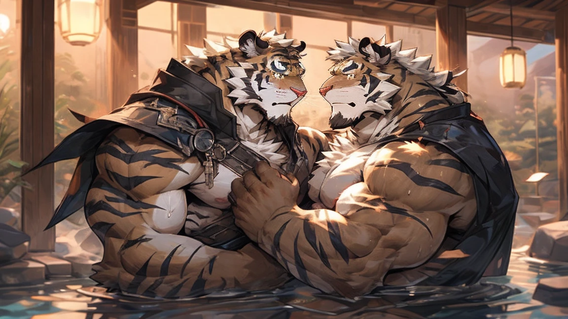 hot spring，furry，two people，（tiger：1.9），long hair，long beard，majesty，Mature，elderly aged，Mature,knight,paladin,numerous wounds，Crotch bulge，Lots of scars，Tall，Bodybuilding，Muscle bulge，sweat，Naked upper body，respite，sexy，（by rabbity）,hugging and rubbing ,putting hands on the chest，kissing，love，homosexual，doing sex，fully naked，warm and kind