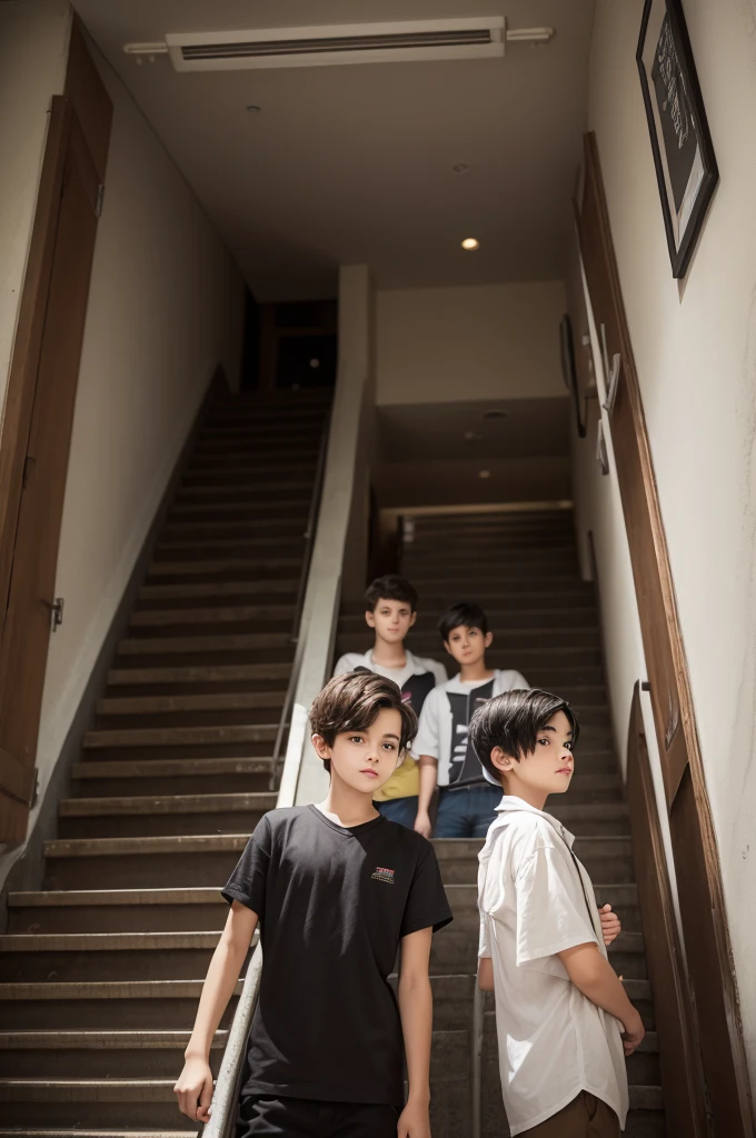 Boy with short black hair and blond brown hair standing on the stairs at college