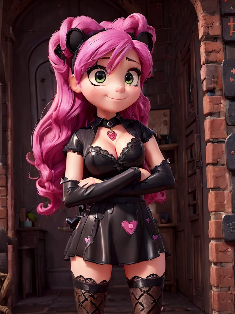 (((disney style))), (((Fluttershy))), goth, ((my little pony)), (((detailed eyes))), (((mismatched stockings with heart print))), big perky butt, (voluptuous medium-large breasts), bra with print, serious dominant face, ((long goth lace dress)), ((black eyeshadow, big black lips, spiked collar, long eyelashes, black nails, ultra detailed contours, lace sleeves)), (((hot journal pose:1.4))), (pussy), (cutie mark), (glossy body:1.3)