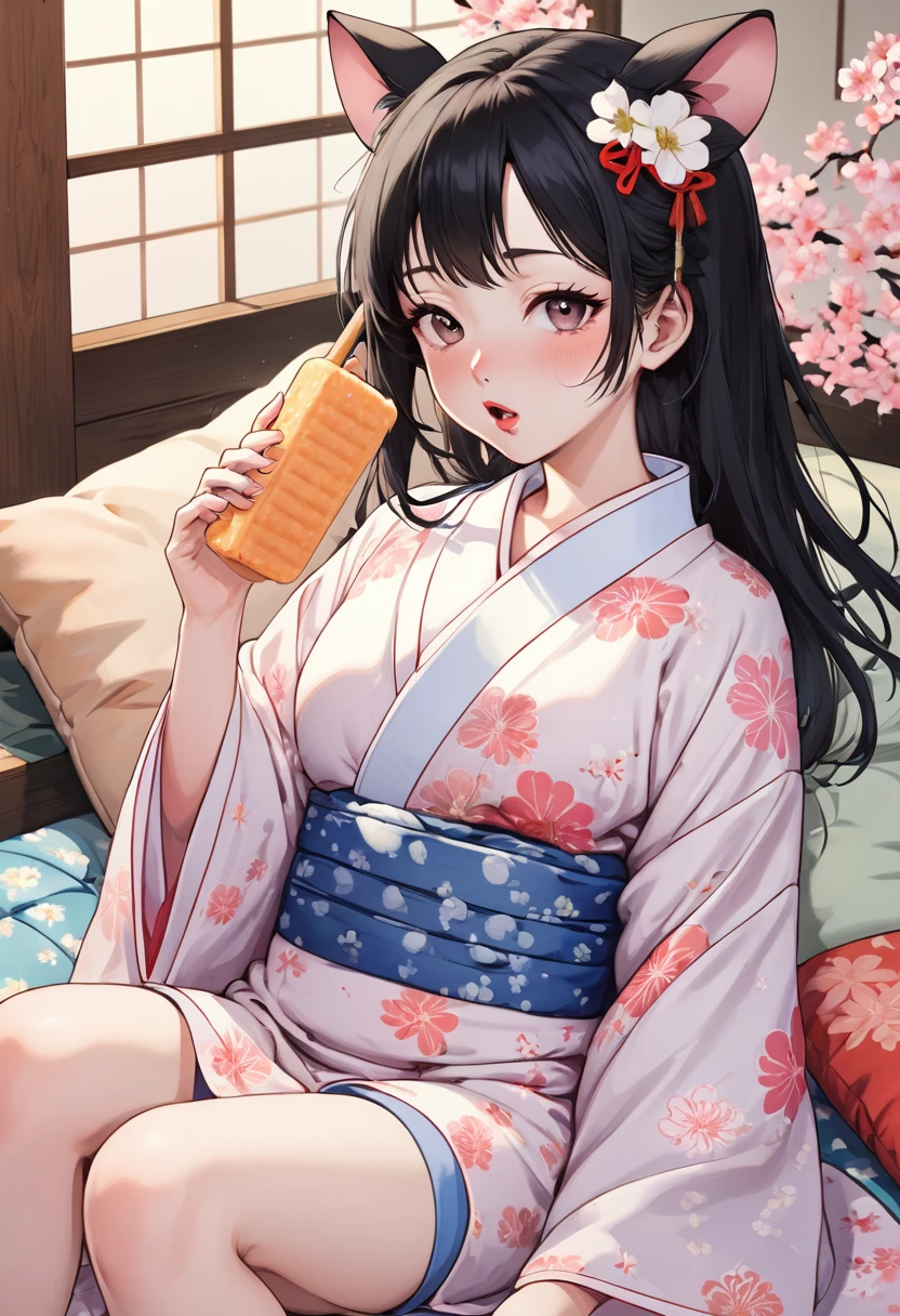 (utamaro style:1.2) , Hallucination, daydream , nightmare , Insane Dream , bokeh , erotica , romance , realistic mouse nymph and realistic cat , yukata , futon , Petals fluttering down , Single eyelids, round nose, swollen cheeks , glossy lips , licking popsicle , Collarbone , Disheveled Hair , Water up to the ankle , Scorching Heat summer , Roll up hem