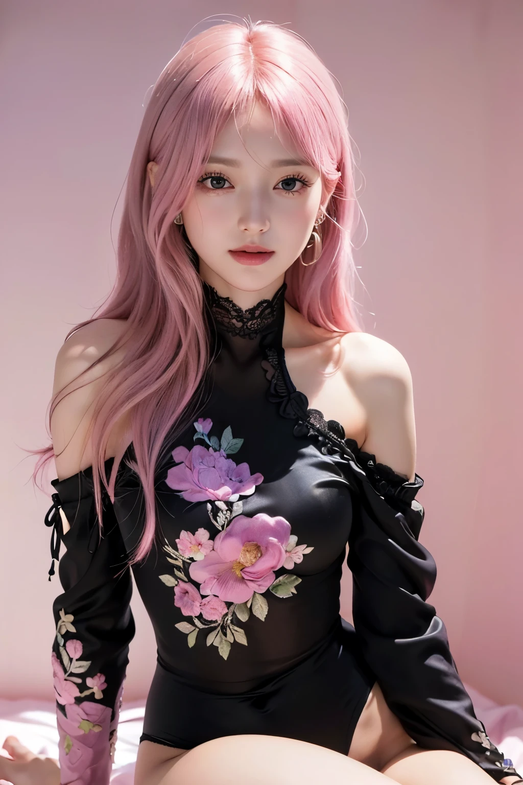 (8K, top-quality, masterpiece:1.2), (reallistic, Photorealsitic:1.37), Super Detail, One girl,), (Highly detailed), (beautifully detailed eyes), (of the highest quality), (super detailed ), (masterpiece), (Detailed face),20yr old, ,1 girl, ((pink hair,long hair)), medium breasts, clothed, Perfect Lighting, BREAK, (black:1.2), (shimmer:1.2), (soft:1.2), (feminine:1.2), (delicate floral pattern:1.2), (satin:1.3), (silk:1.4), (capsleeves:1.3), (off-shoulder:1.3), (high-cut bodysuit:1.5), (leggy:1.4), (tight-fitting:1.4), (lace trim:1.3), (neckline:1.3), (flower embroidery:1.3), (clear heel mules:1.3), (minimal stud earrings:1.2), (matching pastel bracelet:1.2), BREAK, (capture upper body to thighs:1.2), (long pink hair:1.2), (soft waves:1.2), (flowing past shoulders:1.2), (gentle smile:1.3), (facing forward:1.2), (downcast eyes:1.2), (sitting casually:1.2), (one leg crossed casually:1.2), (other leg extended:1.2), (pastel pink and lavender background:1.2), (soft gradient:1.2), (softbox lighting:1.3)