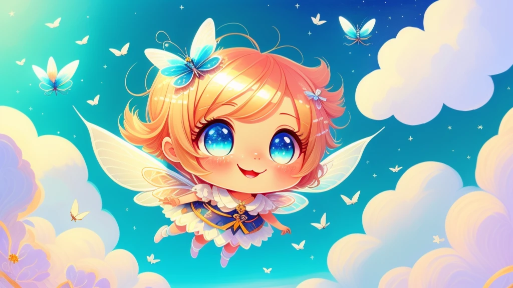 Cutes, light colors hair, blue eyes, gossamer,illustration, A masterpiece in bright light, stunning art! The art of magic, fairy tale artwork, inspiring art, exquisite artwork high quality、masterpiece、Sparkling fairies、smile、flight、cloud、fly in the sky、Flying 10 meters above a beautiful spring、sky diving