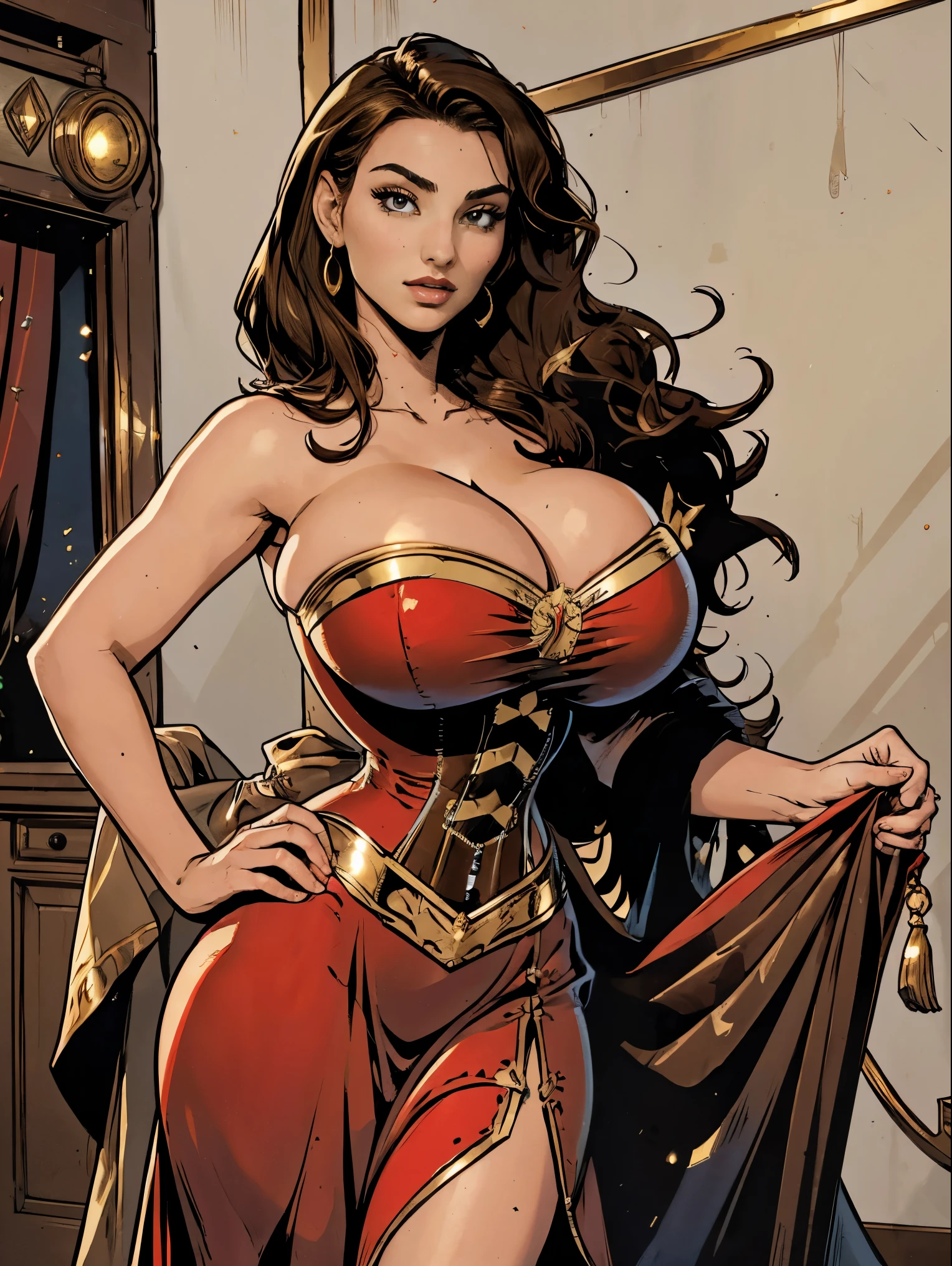 Gorgeous and sultry busty athletic (thin) brunette with sharp facial features and (huge boobs) wearing a red dress, corset, gold trim, sorceress attire