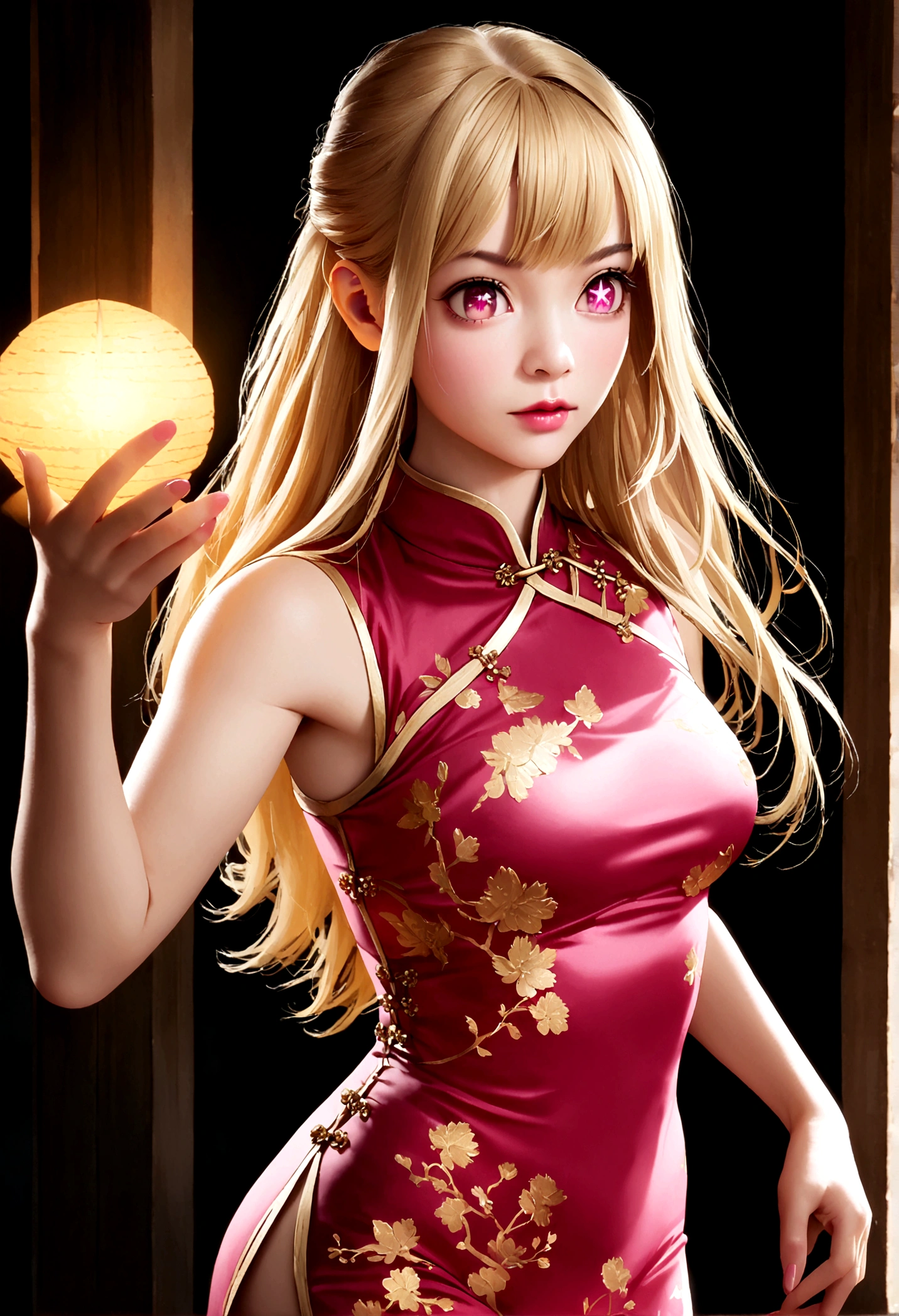 china dress, gold decoration dress, hoshinoruby, star-shaped pupils, ruby_hoshino, blonde hair, bangs, 1girl, pink eyes, long hair, cowboy shot, photorealistic,