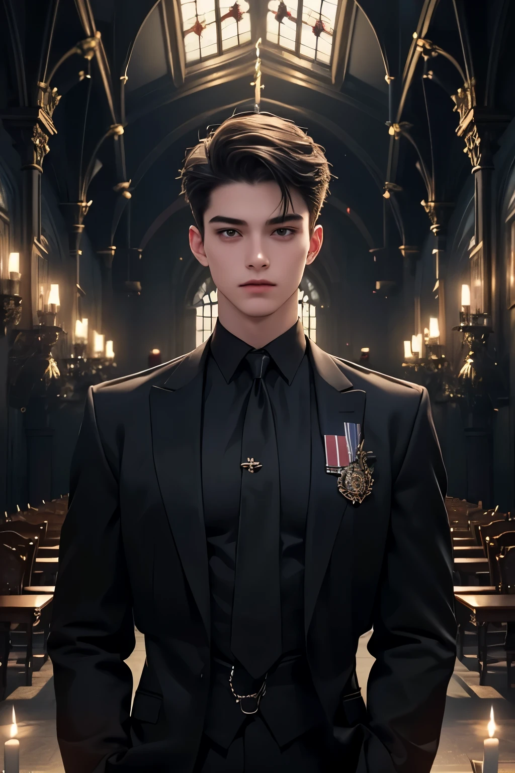 ((Best quality)), ((masterpiece)), (detailed), ((perfect face)), ((halfbody)) perfect proportions ,He is a handsome student, 18 years old, short hair, topless in uniform, there is a background of a school gothic room with lit candles, gnostic vibe ((perfect face))