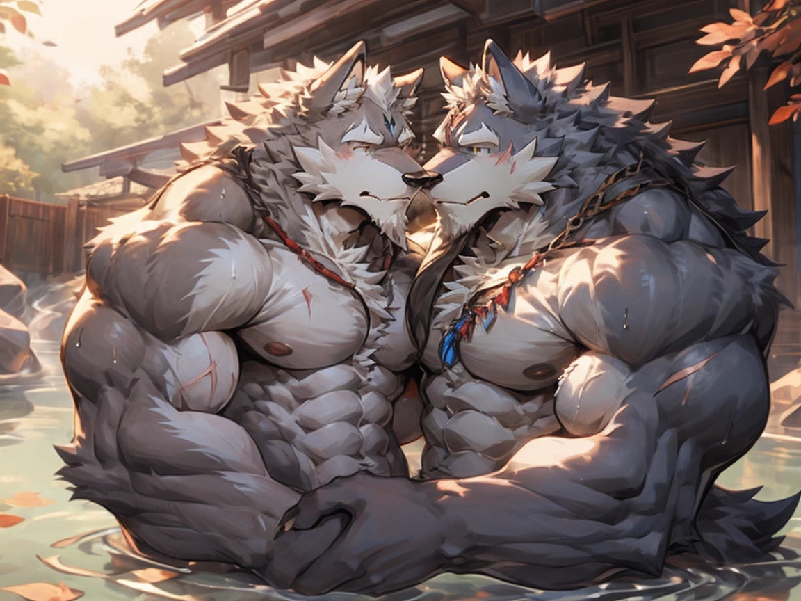 hot spring,furry,two people,(wolf:1.9),long hair,long beard,majesty,Mature,elderly aged,Mature,knight,paladin,numerous wounds,Crotch bulge,Lots of scars,Tall,Bodybuilding,Muscle bulge,sweat,Naked upper body,respite,sexy,(by rabbity),hugging and rubbing ,putting hands on the chest,kissing,love,homosexual,doing sex,fully naked,warm and kind