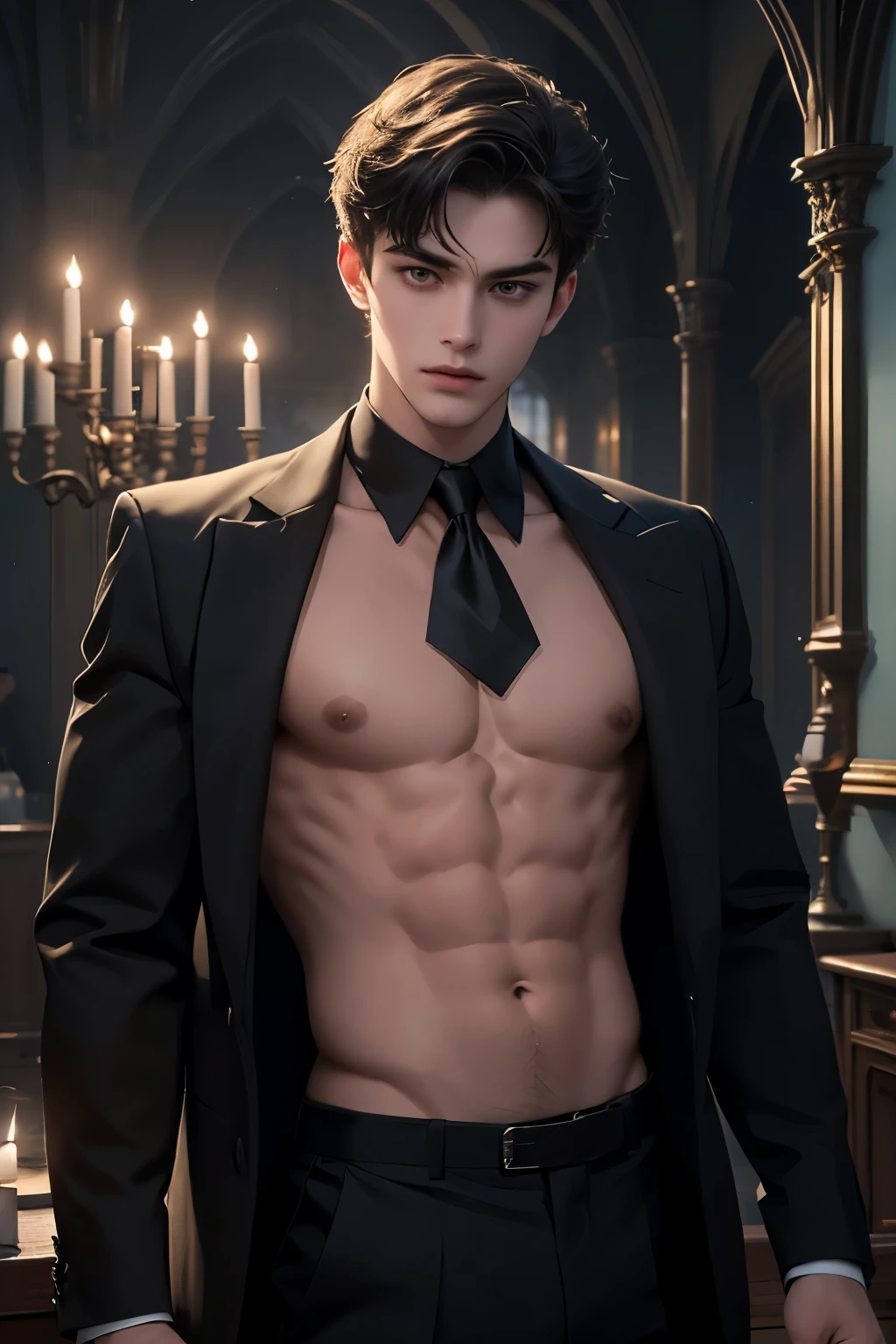 ((Best quality)), ((masterpiece)), (detailed), ((perfect face)), ((halfbody)) perfect proportions ,He is a handsome student, 18 years old, short hair, topless in uniform, there is a background of a school gothic room with lit candles, gnostic vibe ((perfect face))