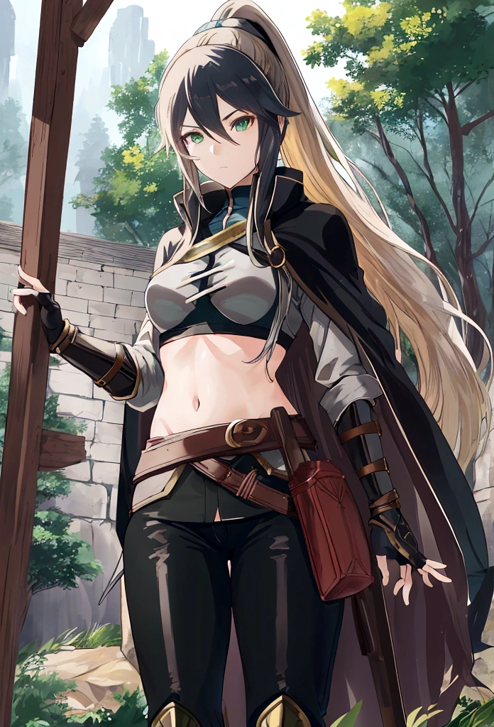 Create a 2D manga-style image of a young white woman named Lucina. She is a rogue in a medieval RPG setting. Lucina has long blonde hair tied in a ponytail., green eyes and a serious expression. His clothes are predominantly green and black.. She wears a fitted black top, a black cape and black pants, all with green details. Also include brown accessories, like a belt and boots. Lucina wears a brown glove on her left hand and brown anklets.. The background should reflect a medieval environment with fantasy elements, like a castle in the distance or a dense forest.