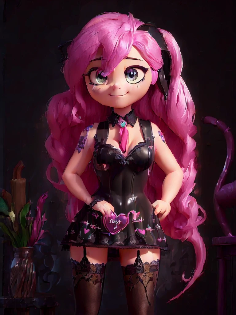 (((disney style))), (((Fluttershy))), goth, ((my little pony)), (((detailed eyes))), (((mismatched stockings with heart print))), big perky butt, (voluptuous medium-large breasts), bra with print, serious dominant face, ((long goth lace dress)), ((black eyeshadow, big black lips, spiked collar, long eyelashes, black nails, ultra detailed contours, lace sleeves)), (((hot journal pose:1.4))), (pussy), (cutie mark), (glossy body:1.3)