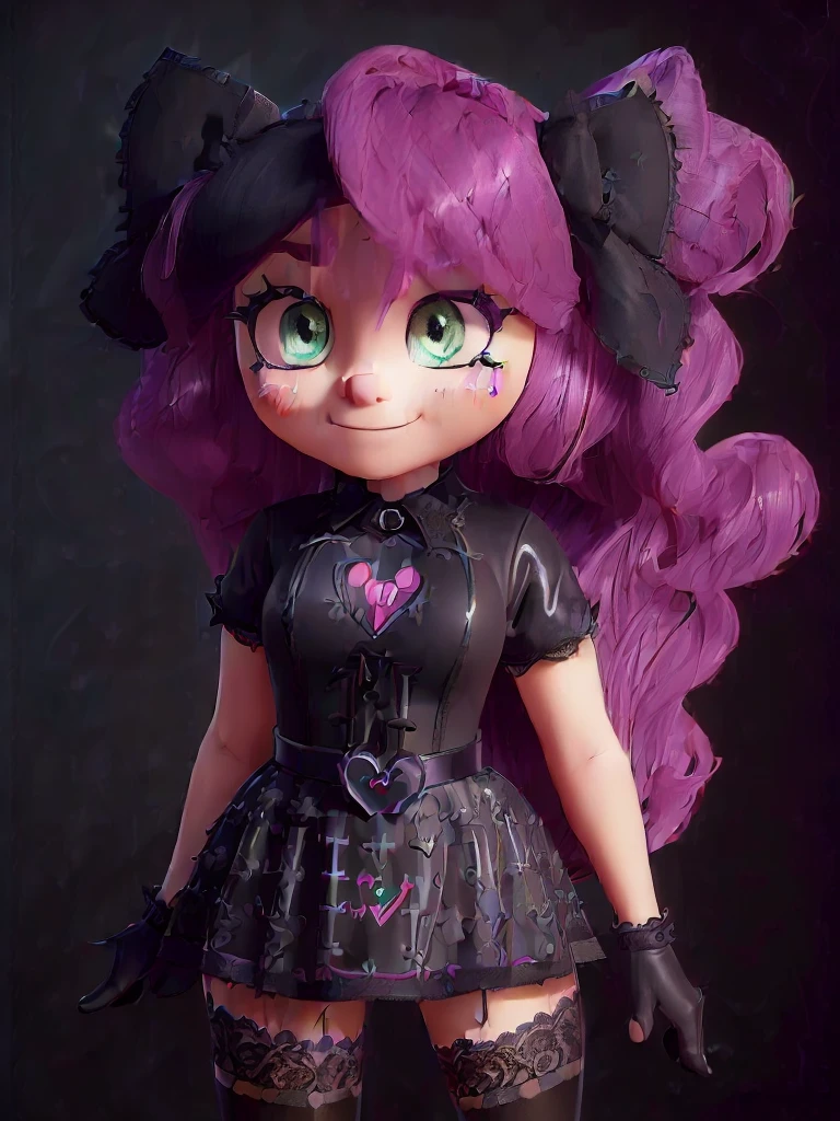 (((disney style))), (((Fluttershy))), goth, ((my little pony)), (((detailed eyes))), (((mismatched stockings with heart print))), big perky butt, (voluptuous medium-large breasts), bra with print, serious dominant face, ((long goth lace dress)), ((black eyeshadow, big black lips, spiked collar, long eyelashes, black nails, ultra detailed contours, lace sleeves)), (((hot journal pose:1.4))), (pussy), (cutie mark), (glossy body:1.3)