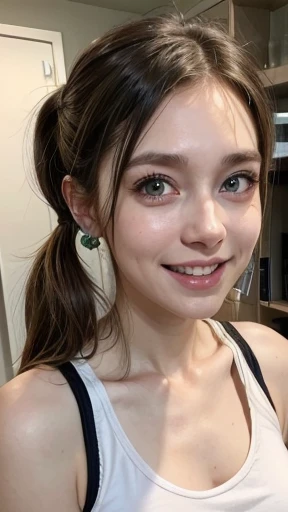 White woman, 35 years old, Brown hair, long hair, Nice hair, pigtail hair, Nice face, simetric face, Green eyes, Nice body, tank top, laughing, earrings
