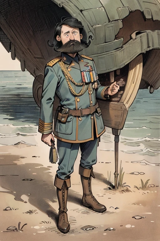 (ultra detailed,ultra high res,detailed background),((2D)),((flat color)),((muted color)), 1solo, looking at viewer, old fashioned military blues, many medals on his chest, large thick black mustache, swooping side-parted hair, 1700's European military outfit, (big boots), high collar, full body image, standing on an airship,