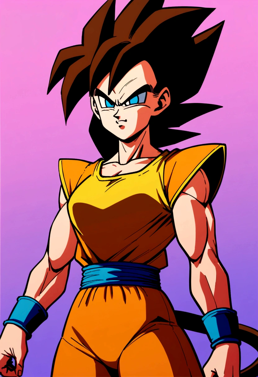 80s dragon ball style, slender , short, saiyan woman, long brown hair with bangs, blue eyes, mokey tail, determined look, flashy 80s clothes
