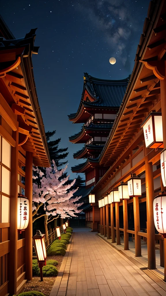 The image depicts a serene and picturesque scene of traditional Japanese architecture, featuring a prominent five-story pagoda at the center, set against a clear twilight sky. The pagoda, with its distinct tiers and curved roofs, is a focal point. Surrounding the pagoda are traditional wooden buildings with tiled roofs, creating a harmonious blend of historical Japanese aesthetics. To the left, a blooming cherry blossom tree adds a touch of color and seasonal beauty to the scene. The lighting is soft and warm, with a few lanterns illuminating the narrow, winding pathway that leads towards the pagoda. The overall ambiance is tranquil and reflective, capturing the essence of a quiet evening in a historic Japanese town.