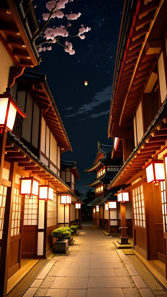 The image depicts a serene and picturesque scene of traditional Japanese architecture, featuring a prominent five-story pagoda at the center, set against a clear twilight sky. The pagoda, with its distinct tiers and curved roofs, is a focal point. Surrounding the pagoda are traditional wooden buildings with tiled roofs, creating a harmonious blend of historical Japanese aesthetics. To the left, a blooming cherry blossom tree adds a touch of color and seasonal beauty to the scene. The lighting is soft and warm, with a few lanterns illuminating the narrow, winding pathway that leads towards the pagoda. The overall ambiance is tranquil and reflective, capturing the essence of a quiet evening in a historic Japanese town.
