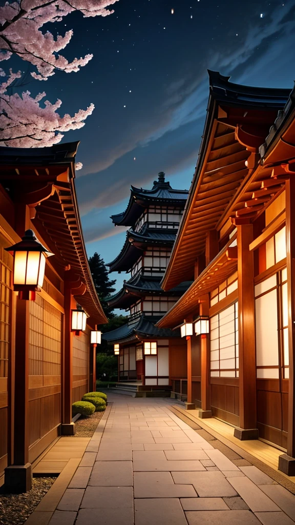 The image depicts a serene and picturesque scene of traditional Japanese architecture, featuring a prominent five-story pagoda at the center, set against a clear twilight sky. The pagoda, with its distinct tiers and curved roofs, is a focal point. Surrounding the pagoda are traditional wooden buildings with tiled roofs, creating a harmonious blend of historical Japanese aesthetics. To the left, a blooming cherry blossom tree adds a touch of color and seasonal beauty to the scene. The lighting is soft and warm, with a few lanterns illuminating the narrow, winding pathway that leads towards the pagoda. The overall ambiance is tranquil and reflective, capturing the essence of a quiet evening in a historic Japanese town.