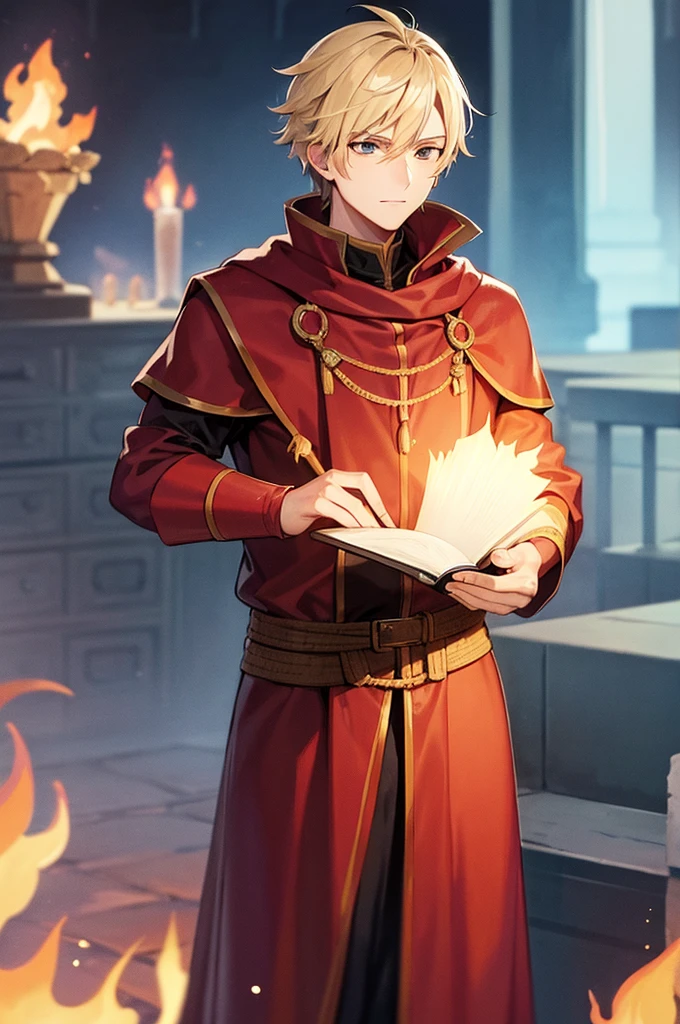 1 men, fire mage, wizard's hood, holding a wizard's staff, bonitas, stark