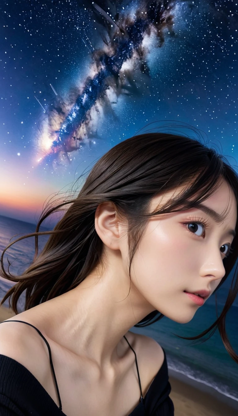 8k, 傑作, RAW写真, 最高品質, 写実的な, 非常に詳細な, 被写界深度, 映画のような光, 解剖学的に正しい身体,
1人のエレガントで美しい熟女,
ウェーブのかかった黒髪のロングヘア, 非常に美しい顔, 精巧なディテールの顔, 女神のような神々しい美しさ, グラマラスボディ,
非常に繊細な肌, 透明感のある白い肌, 美しく豊かな胸, セクシーな尻, セクシーな太股,
白いビキニの水着, 詳細な布の質感, 豪華なネックレス, 豪華なイヤリング,
星空の背景, 夜の暗い砂浜, 真っ暗な海面,
美しい後ろ姿,
