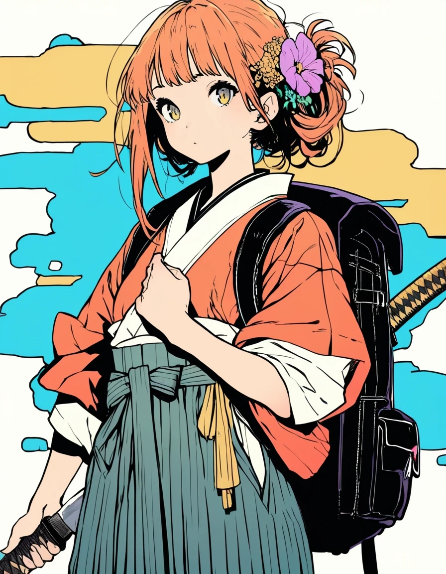 ultra-detailed:1.3, ultra delicate and detailed face:1.3, (absurdres, texture, masterpiece), cowboy shot, vibrant colors and pose, pixiv contest winner, by Posuka Demizu, dynamic manga-style illustration of slender girl wearing mix of traditional Japanese clothing and modern accessories. She holds katana and has backpack, with flower in her hair. The background is soft and minimalistic brutalism, emphasizing the cute and deicate nature of the character.