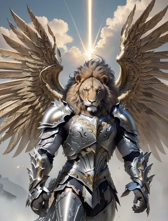 a fierce lion,shining armor,intricate details,hyper-realistic,photorealistic,8k,ultra-detailed,highly detailed,cinematic lighting,dramatic lighting,cinematic camera angle,epic,majestic,powerful,regal,imposing,heroic,magnificent,ornate armor,gleaming metal,flowing mane,intense eyes,sharp teeth,clawed paws,muscular body,dynamic pose,dramatic composition,muted color palette,cool tones