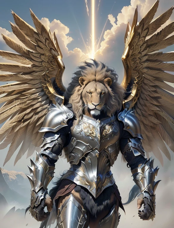 a fierce lion,shining armor,intricate details,hyper-realistic,photorealistic,8k,ultra-detailed,highly detailed,cinematic lighting,dramatic lighting,cinematic camera angle,epic,majestic,powerful,regal,imposing,heroic,magnificent,ornate armor,gleaming metal,flowing mane,intense eyes,sharp teeth,clawed paws,muscular body,dynamic pose,dramatic composition,muted color palette,cool tones