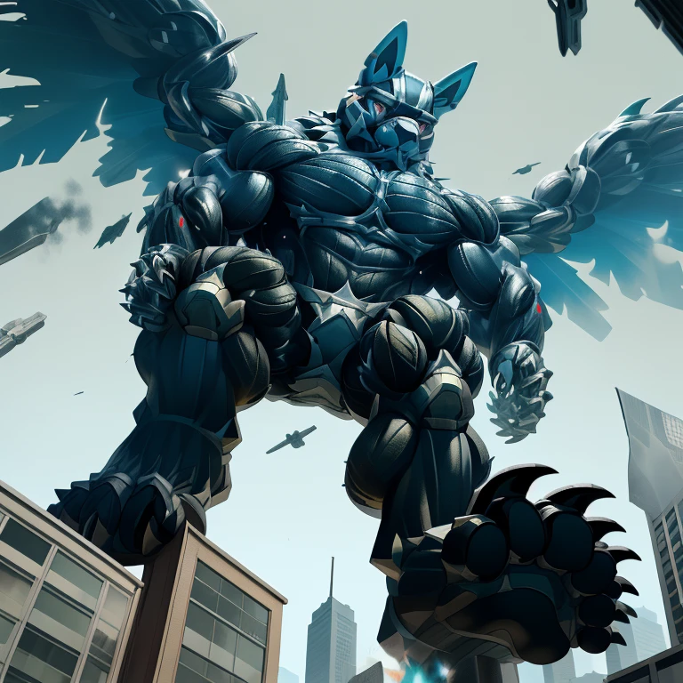 (masterpiece. official art. 8k. best quality. detailed full body. full body.)
(situation 1 : dominating LUCARIO. focus GIANT mechanical Muscular LUCARIO is trampling the CITY. macro. stomp. Low-angle perspective. emphasizing the immense size. The perspective is from below, emphasizing the sheer majesty and power of the Giant. giant art. He is much bigger than a skyscraper. Giga Giants. micro soccer field. looking down.)
(situation 2 :smoke and flames rising from the destruction in the city)
(Additional details 1: wearing a full-face helmet. helmet is jet black. The color of NANOSUIT is jet black. high-tech bio-mecha armor. real texture material. whole body shines like metal. Wearing cyberpunk mecha. emphasizes the muscles. suit fully made of metal. intricate armor. Robotic suit. suit fully made of metal. NANOSUIT with the same design as LUCARIO.). (Lucario has 5 toes.)
(Additional details 2: (Detailed head. Detailed Body. Detailed abs. gigantic muscles. HYPER MUSCLES. Gigachad Muscular. big muscle. pecs. triceps. traps. unusually developed muscular body. body full of huge muscles. showing off muscles. pectorales enormes. Exaggeratedly huge muscles. huge muscles. long legs.).
(Additional details 3: nj5furry, Spread wings. It has wings. black have big wings. The claws are sharp. Sharp teeth.5 toes.).