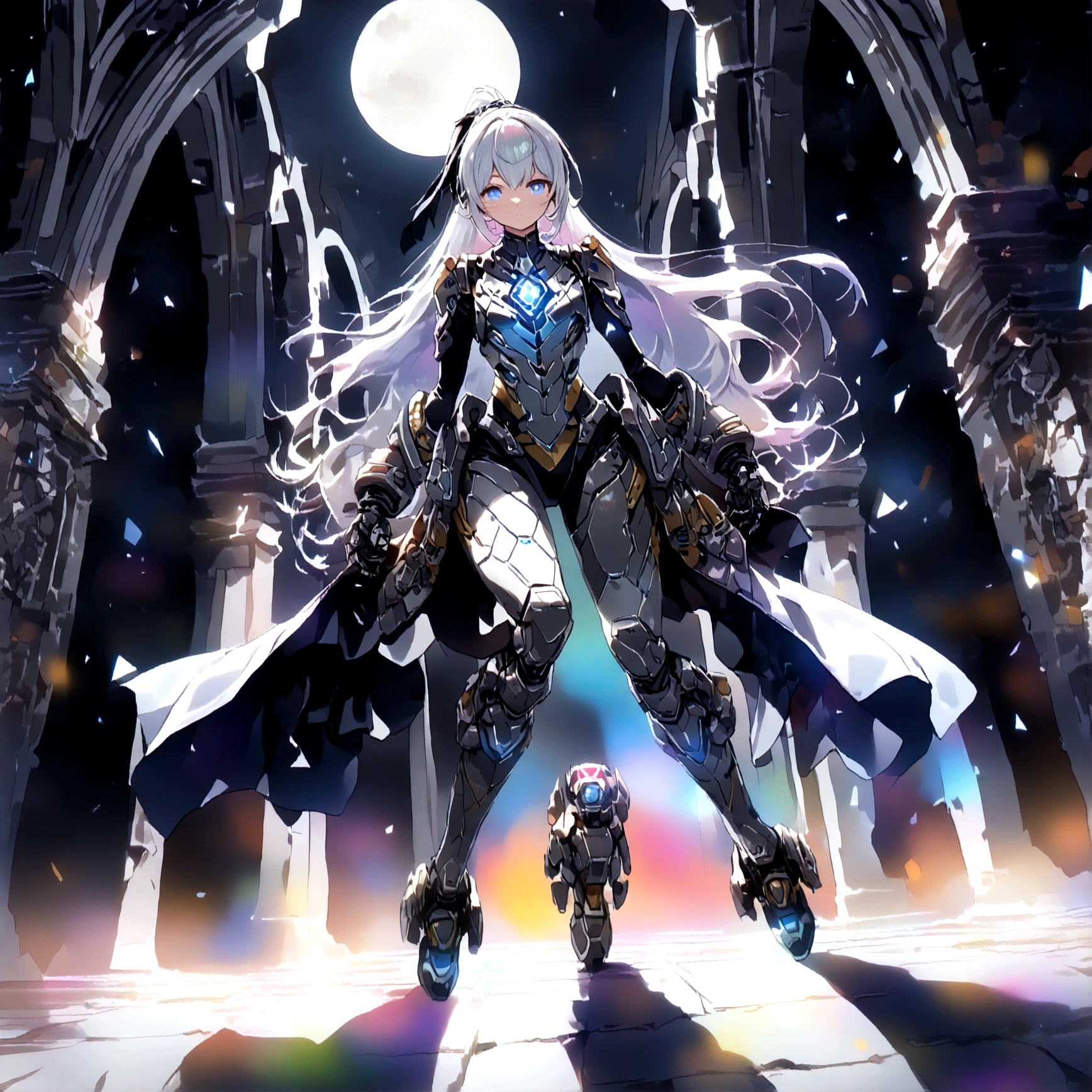 (Full body posing:1.5), (colorful:1.2), Dynamic Angle, (Highly detailed CG Unity 16k wallpaper:1.1), (Noise reduction strength: 1.45), (tmasterpiece:1.37), {{masterpiece}}, flat chestbest quality}, {High resolution}, alone, flat_chest, a girl inside the church with white hair and blue pupil surrounded by {many} Shine {feather} With a cold look, Detailed face, night with bright colorful lights whith richly layered clouds and clouded moon in the detailed sky, {a lot of Shine particles}, High Ponytail, Mecha clothing, Robot Girl, Cool Moves, Sliver bodysuit, {Filigree}, delicate and (complicated) hair, ((Sliver)) and (broken) body, blue streaked hair, full body, Sitting {Brewster}, Depth of written boundary, God's Rays, Shine, Shine light