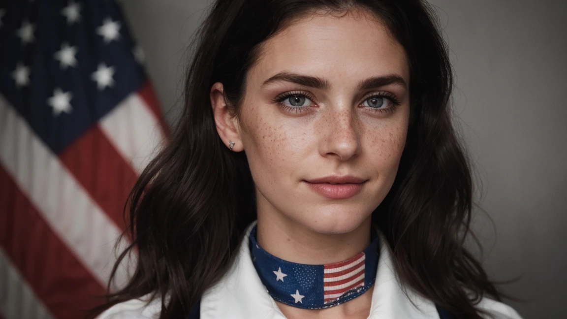 photo, rule of thirds, dramatic lighting, medium hair, detailed face, detailed nose, Woman holding American flag (Independence Day), freckles, collar or choker, perfect detailed hand, smile, tattoo, complex background, realism, realistic, rough, analog, woman, portrait, photorealistic, analog, realism, photo background