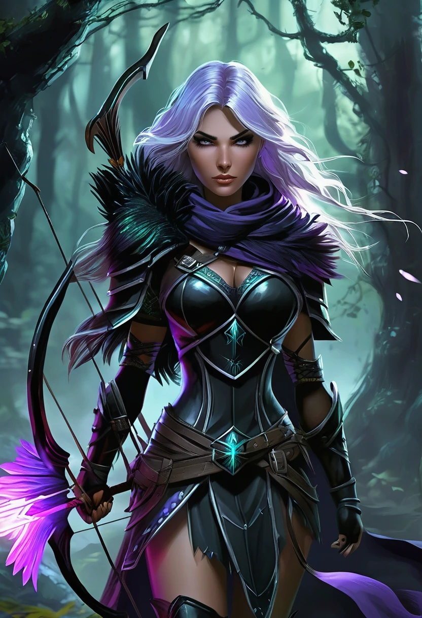 Necromancer Archer Figure: A female archer, slim and athletic, with a dark yet elegant aura.hair: Her short hair is a mix of blonde and purple, perhaps with flowing transitions or ombre effect, slightly wavy and fall over her shoulders.eyes: Your eyes glow in an unnatural green or an icy blue, a reference to her necromantic abilities.attire: She wears a combination of medieval armor and magical robes. Dark, Leather armor decorated with runes covers her upper body and arms. Under the armor she wears a black, slightly torn cloak, fluttering in the wind.arch: Her arch consists of a dark, enchanted wood, decorated with silver or luminous symbols. The arch radiates an eerie energy.Arrows: The arrows in her quiver also have a magical effect, with black feathers and tips, which are surrounded by a dark aura.backdrop: The backdrop could be a dark forest or a dilapidated, show foggy landscape, which enhances the mystical and threatening atmosphere.short Purple hair