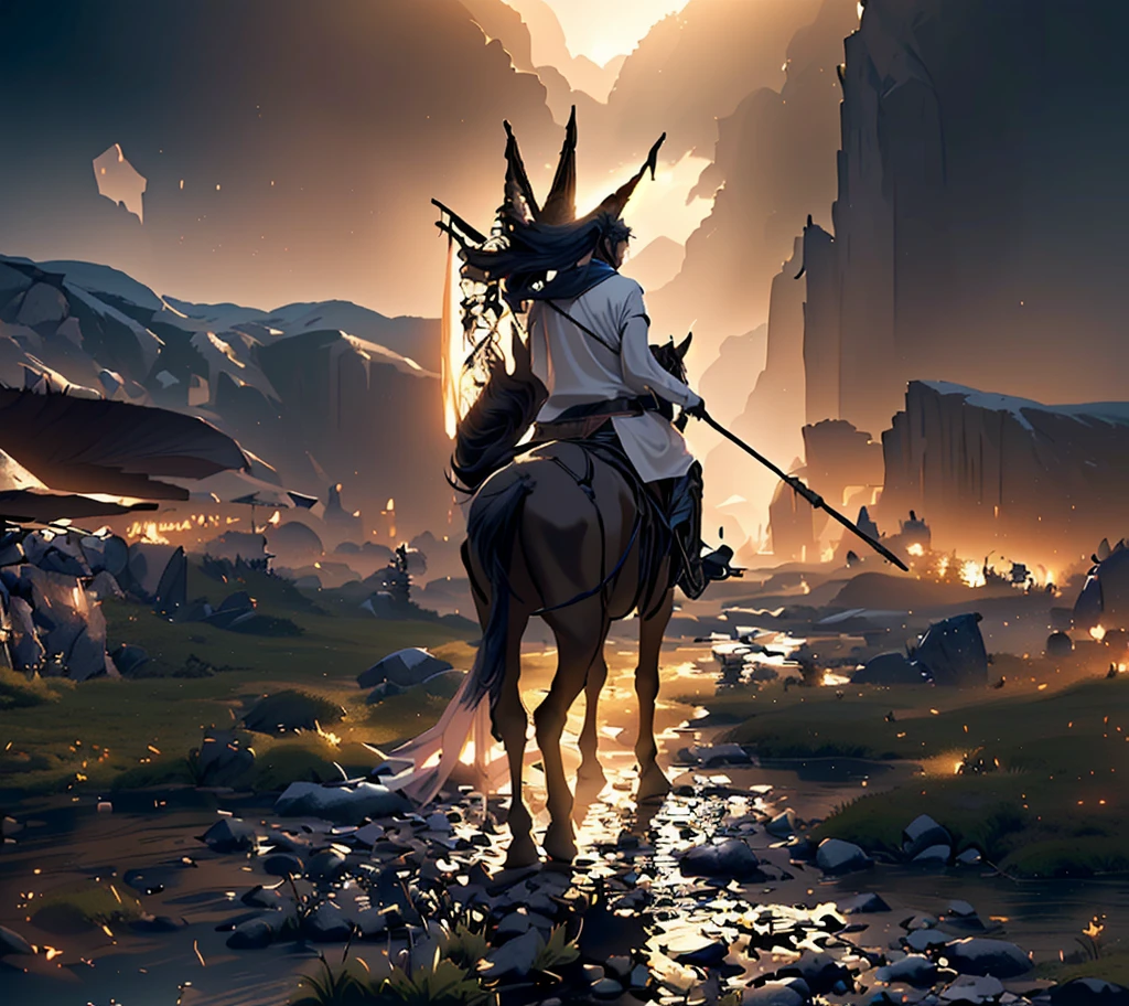 A man riding a horse on a mountain trail, Fantasy movie stills, stunning vfx, Shadowbringers movie, elden ring movie lighting, beeple 和 Jean Giraud, From the Wizard (2021), Adam Driver plays a centaur warrior, 2 0 2 1 4k frame grab, Square Enix Art