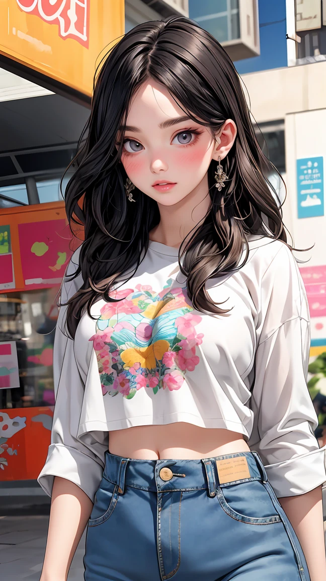 (masterpiece, best quality), beautiful woman, detailed printed cropped top, jeans, wavy hair, beautiful face, perfect face, big gorgeous eyes, parted lips, perfect slim fit body, seoul city garden, bright colors