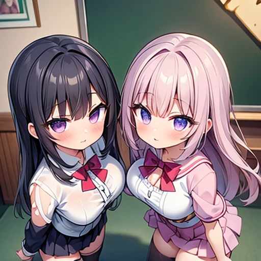 (8K、Best image quality、Highest quality、masterpiece)、Detailed face、(2 girls, Black Hair, Purple eyes, Long Hair)、Improve、 (Magical Pink Girl Costume,Frilled mini skirt:1.2), (glamorous:1.1), (Huge breasts:1.2), (Cleavage cutout), (Torn clothes:1.4), (Open your mouth), (Embarrassing), Classroom Background, (Black Stockings:1.2), (Thighs:1.2), (Waistline), (From above:1.2)