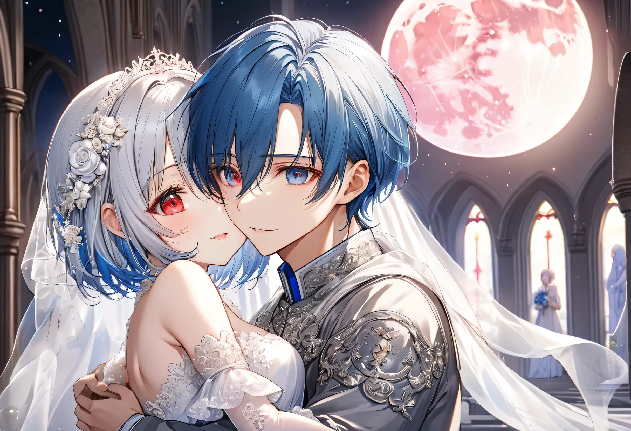 (a crew cut silver hair very short hair divine cool boy, detailed red eyes, flat chest) and (a forehead blue hair long hair cute bride girl, cute blue eyes), break, (love hugging style), (in the Chapel Terrace), (background detailed biggest pink moon), BREAK, perfect anatomy, masterpiece, best quality, 16k, beautiful detailed night, daydreaming expression.