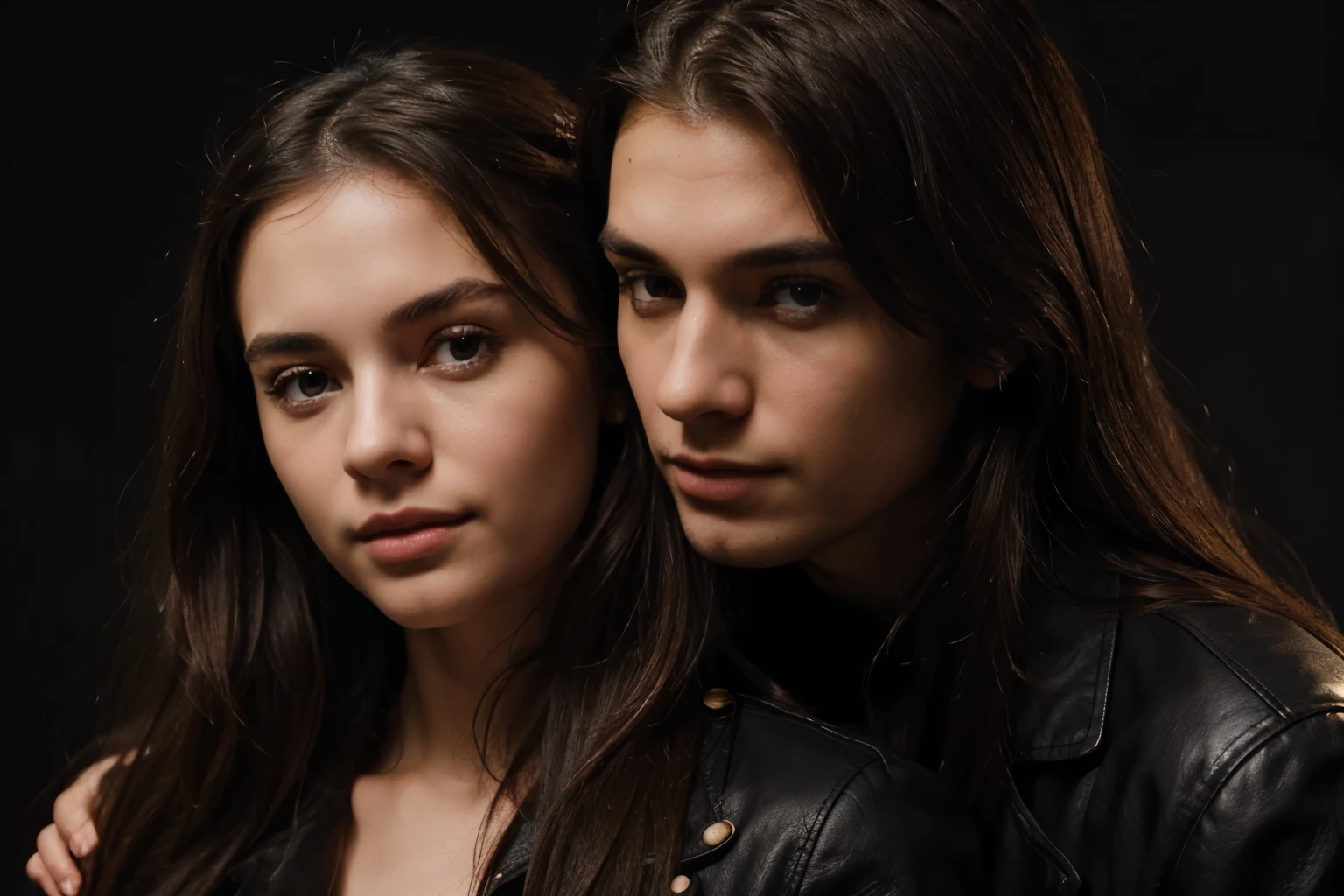 Girl, young woman of 20 years old, beautiful, with serious face, sharp, natural, white shiny skin, skin with bright redness on the nose and redness on the mouth, gray eyes, sharp eyes, black hair, jet black, shiny hair, hair with a ponytail tied up, with a hair tie tied up, long hair, shiny and curly hair, two bangs in the front, black jacket, formal leather jacket, high collar, ear bug, hand gun, leaning her back on a young man, young man of 2, opposite and leaning on each other, handsome young man, with blond hair, green eyes, light beard, formal clothes, many medals, relatively short hair, hand gun, dramatic background, bloody background, neon effect, red neon effect on the girl, blue neon effect on the young man, black and white and red background, horizontally opposite colors between the girl and the young man, dramatic effects on the image, high resolution, Best quality, High resolution models, High detail, Ultra-high-resolution display, Quality leather, Very detailed,
((Two people))((girl and boy opposite each other))((Leaning her back against each other))(( Seriousness is shown on their faces.))