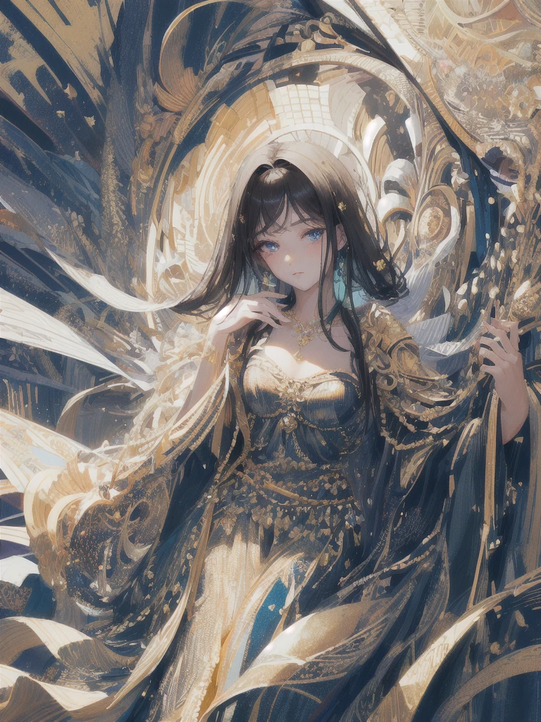((masterpiece, highest quality, Super detailed, High resolution)), alone, beautiful girl, shining eyes, perfect eyes, 15 years old, black white gold theme,
