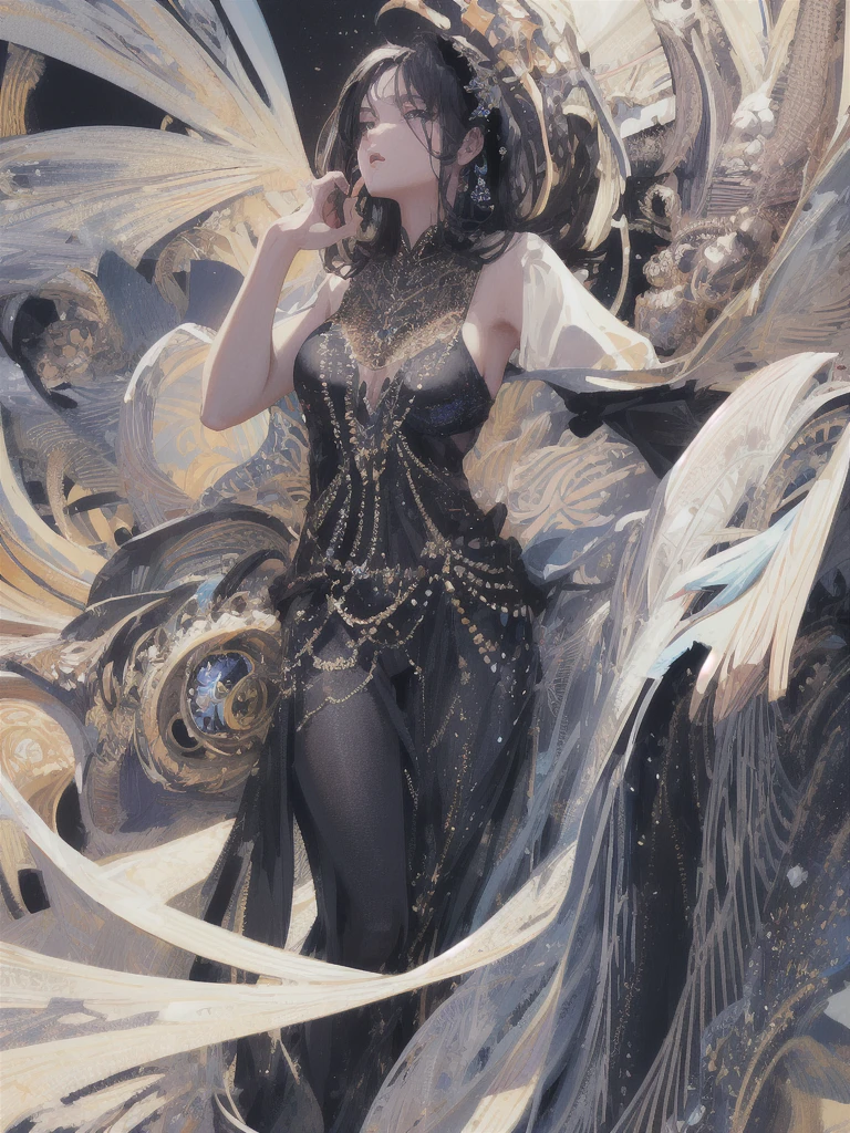 ((masterpiece, highest quality, Super detailed, High resolution)), alone, beautiful girl, shining eyes, perfect eyes, , black white gold theme,