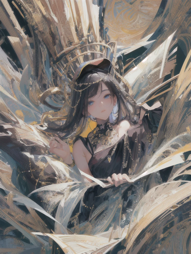 ((masterpiece, highest quality, Super detailed, High resolution)), alone, beautiful girl, shining eyes, perfect eyes, 15 years old, black white gold theme,
