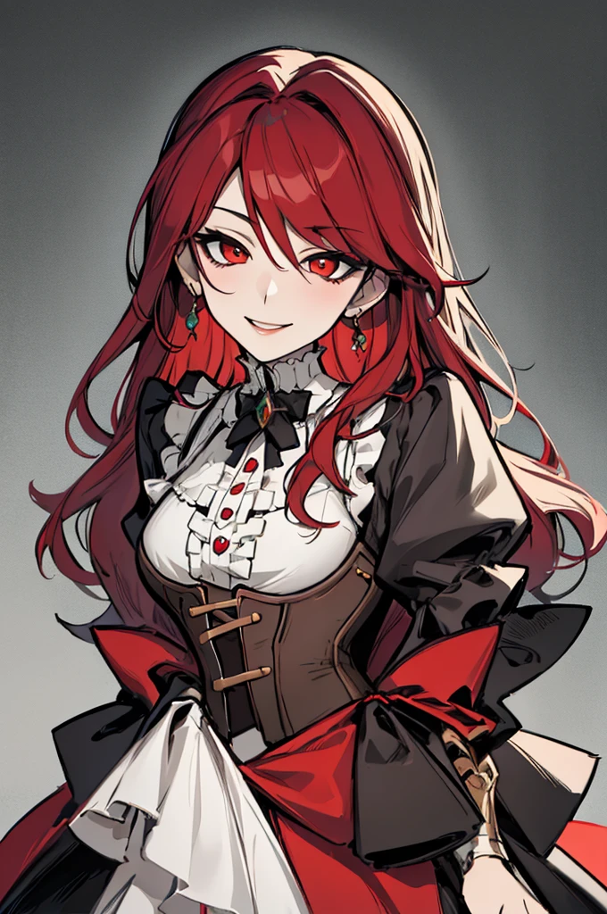 (absurdres, 8k, 4k, masterpiece, hyper extreme detailed:1.2), solo, 1girl, portrait, best quality, expressive eyes, perfect face, portrait, looking at viewer, solo, standing, zombie, gray skin, friendly, torn clothing, cowboy shot, full body, medium breasts, long hair, red frilly dress, greenish red eyes, red hair, circlet, pyrrha nikos, red dress, frilly dress, gray skin, gray skin, zombie, dhevictorian, victorian dress, corset, embroidery, smile, friendly, happy, grey skin, 