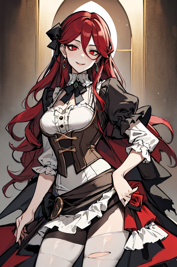 (absurdres, 8k, 4k, masterpiece, hyper extreme detailed:1.2), solo, 1girl, portrait, best quality, expressive eyes, perfect face, portrait, looking at viewer, solo, standing, zombie, gray skin, friendly, torn clothing, cowboy shot, full body, medium breasts, long hair, red frilly dress, greenish red eyes, red hair, circlet, pyrrha nikos, red dress, frilly dress, gray skin, gray skin, zombie, dhevictorian, victorian dress, corset, embroidery, smile, friendly, happy, grey skin, 