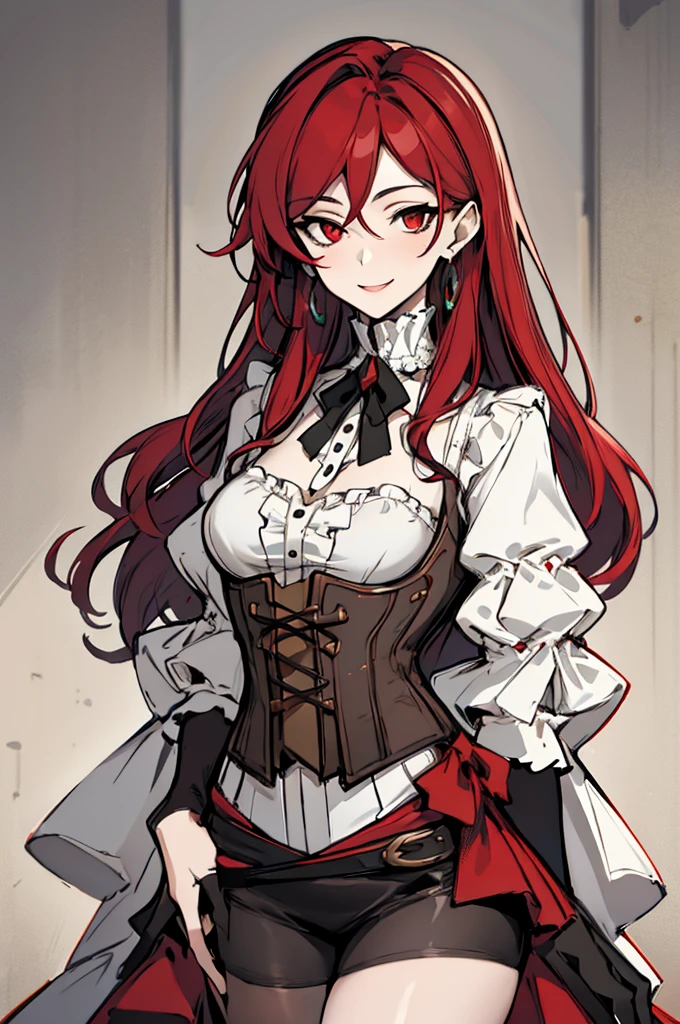 (absurdres, 8k, 4k, masterpiece, hyper extreme detailed:1.2), solo, 1girl, portrait, best quality, expressive eyes, perfect face, portrait, looking at viewer, solo, standing, zombie, gray skin, friendly, torn clothing, cowboy shot, full body, medium breasts, long hair, red frilly dress, greenish red eyes, red hair, circlet, pyrrha nikos, red dress, frilly dress, gray skin, gray skin, zombie, dhevictorian, victorian dress, corset, embroidery, smile, friendly, happy, grey skin,