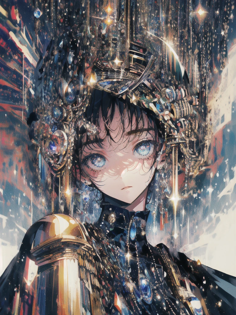 ((masterpiece, highest quality, Super detailed, High resolution)), alone, beautiful girl, shining eyes, perfect eyes, 15 years old, black white gold theme,