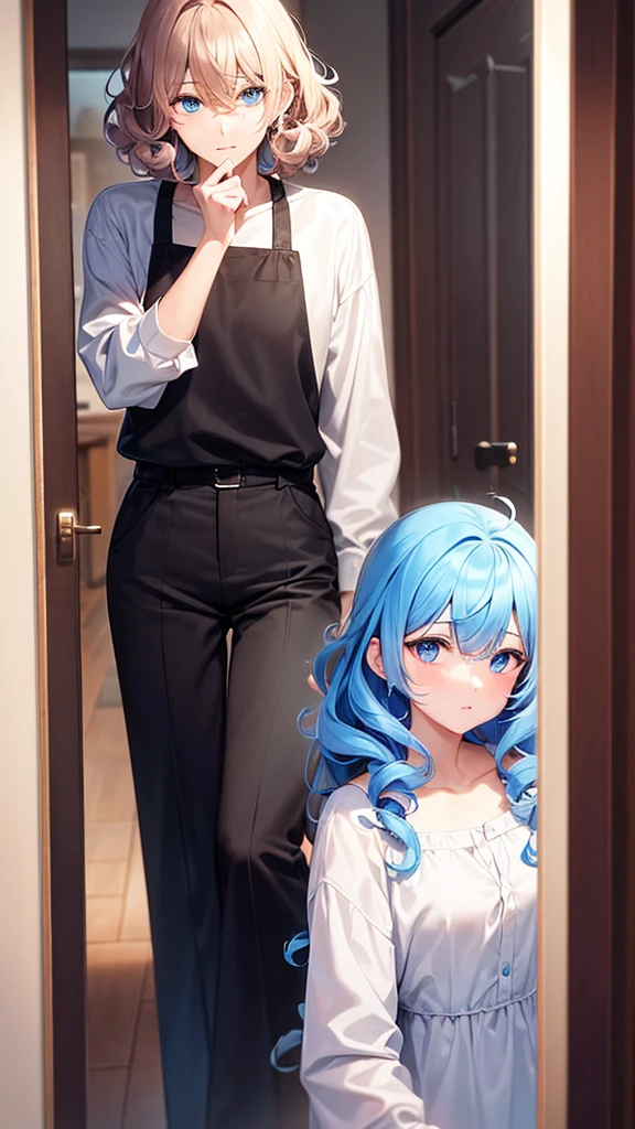 Guy is looking in the mirror and has sky blue eyes and curly hair