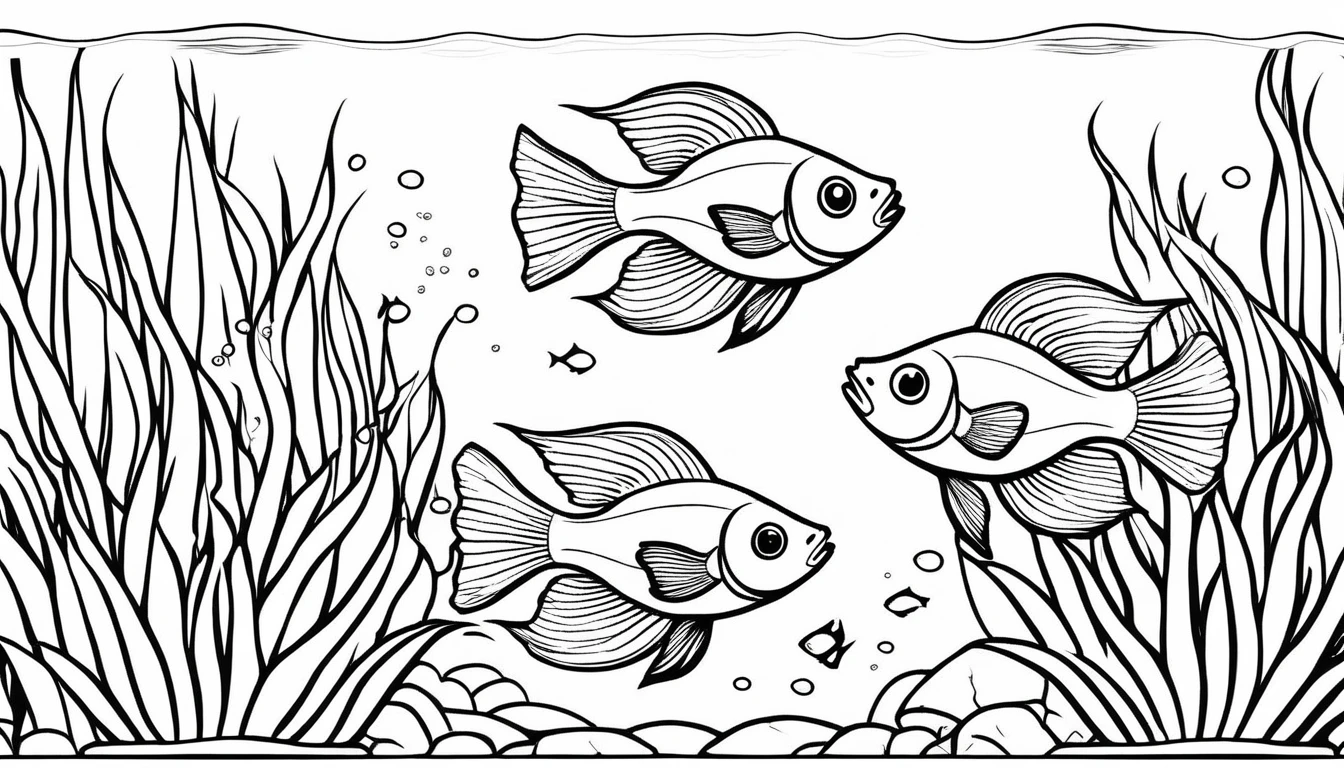 Guppy fishes in aquarium, cartoon, ,Coloring Book, ColoringBookAF,