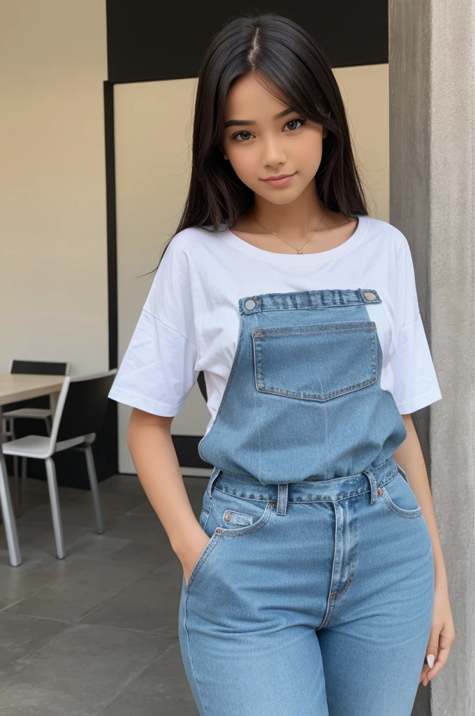 Make a teenage girl in white t-shirt and blue jeans