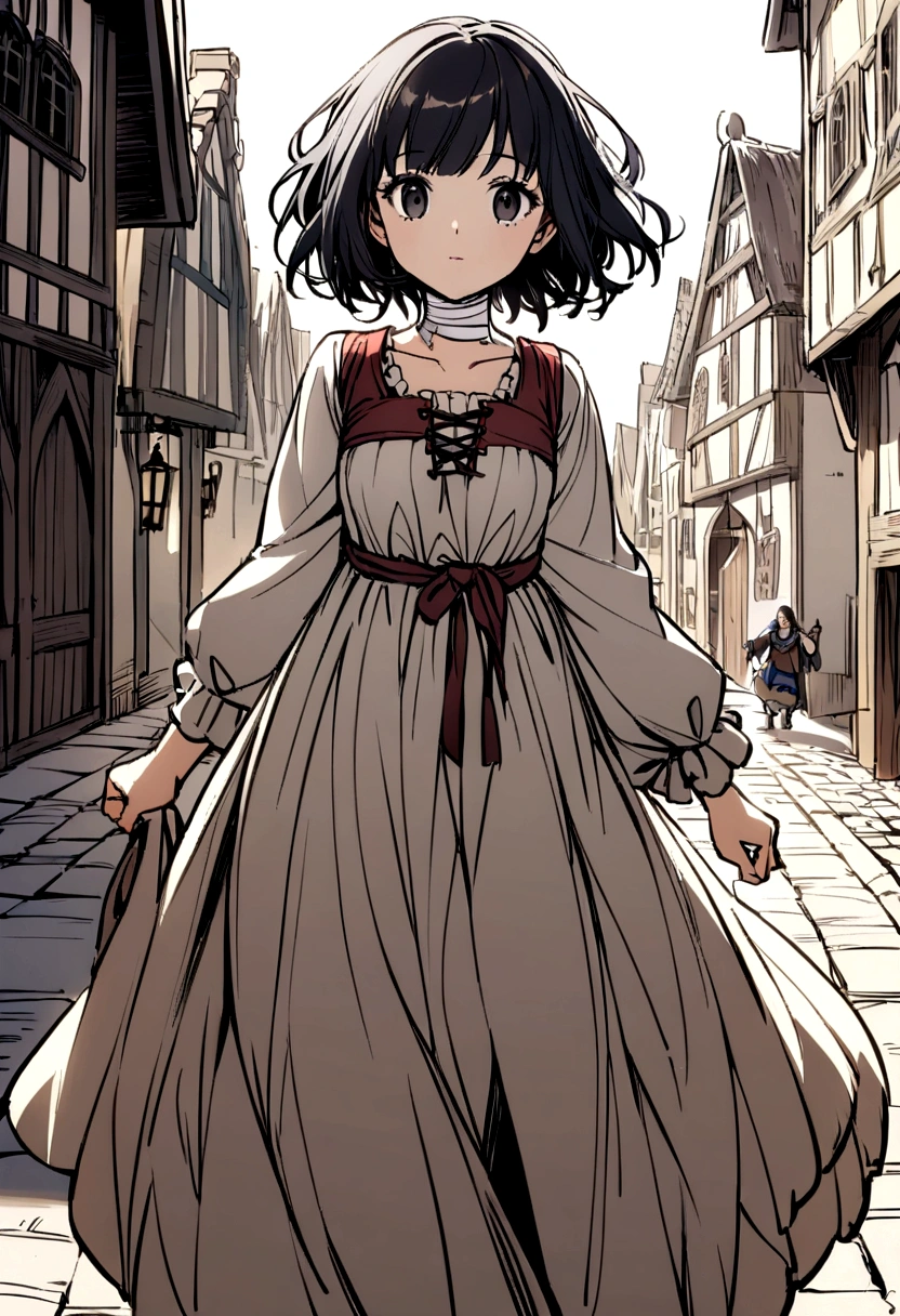 A girl with light skin, black eyes and black hair, wearing a medieval village dress with small Breast's He wore bandages on her neck and arms.  walking through a town in a kingdom