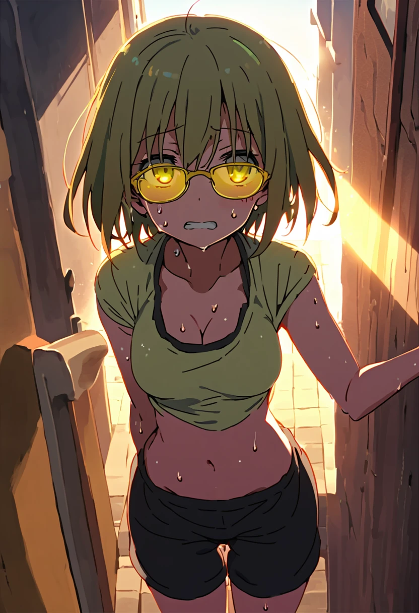 absurdres, highres, kawaii girl, mid-summer, super hot day, hot and sweaty, lots of sweat, wet, T-shirt and black shorts are transparent from sweat, (super very short hair:1.3), (yellow glasses:1.3), underrim_metal, headphones, medium breasts, clavicle, cleavage, midriff, music_wave floating in the air, Intense sunlight, piercing sunlight, heat haze, lazy expression, dramatic lighting, lens flare, light diffusion, looking up, instreet, (wipe the sweat:1.2)