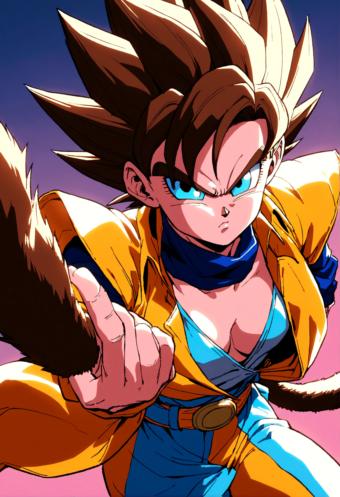 80s dragon ball style, short saiyan girl, long brown hair with bangs, blue eyes, monkey tail, determined look, flashy 80s clothes