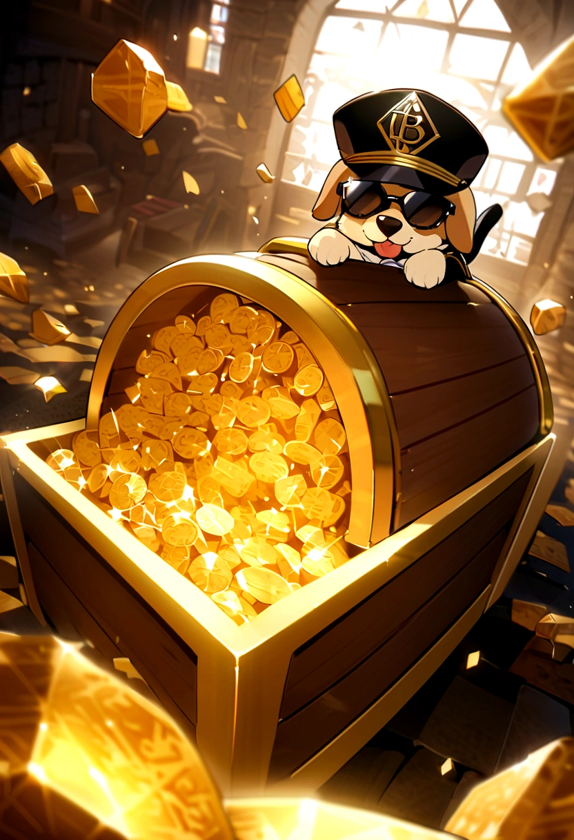 Cute puppy、Bitcoin、Cryptocurrency、rich、sunglasses、hat、hatのロゴに「D」It says in large letters:、Dynamic Jumps、Real、photograph、8K、cigar(((Too big diamond 1:9)))、Riding on a big diamond、Gold bars covering the entire wall、Jewels overflowing from a treasure chest(((D mark)))